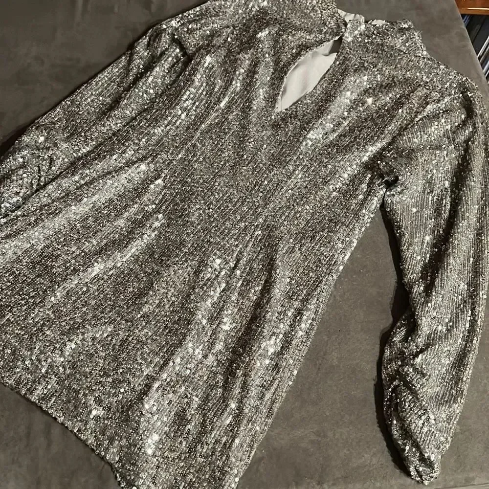 Ronny Kobo Lauper Silver Sequin Mini Dress